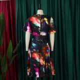 Plus Size African Women Lace Up Print Dress