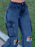Spring High Waist Ripped Cargo Pants Pocket Women's Denim Jeans
