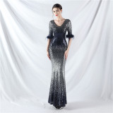Elegant V-Neck Short Lseeve Sequins Mermaid Plus Size Formal Party Evening Dress