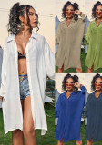 Solid Color Cotton Long-Sleeved Shirt Beach Cover-Up Holidays Sunscreen Shirt