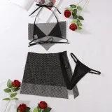 Fashion Design Diamond Sexy Underwear Lace-Up Halter Neck Tank Skirt Three-Piece Set