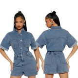 High Stretch Short-Sleeved Loose Denim Jumpsuit