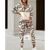 Women Printed Long Sleeve Top and Trousers Two-piece Set