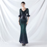 Elegant V-Neck Short Lseeve Sequins Mermaid Plus Size Formal Party Evening Dress
