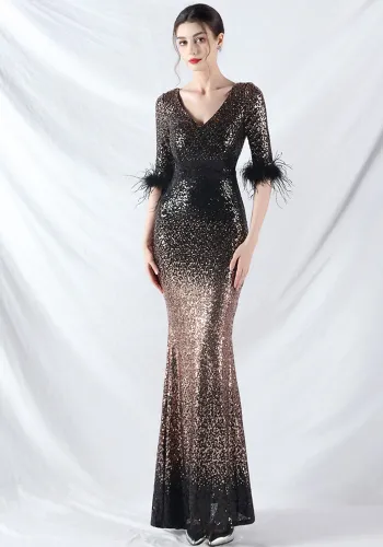 Elegant V-Neck Short Lseeve Sequins Mermaid Plus Size Formal Party Evening Dress