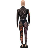 Women's Summer Print See-Through Mesh Tight Fitting Bodysuit Pants Two Piece Set