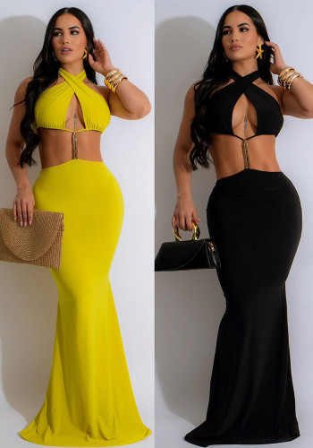 Sexy Solid Color Strap Halter Backless Long Dress
