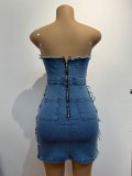 Women Summer Sexy Hollow Ripped Zipper Beaded Strapless Denim Dress