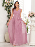 Women Pleated Glitter V-Neck Short Sleeve Back Zippered Prom Maxi Evening Dress