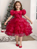 Girls' bow puff sleeve princess dress Cascading Ruffles Dress
