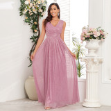 Women Pleated Glitter V-Neck Short Sleeve Back Zippered Prom Maxi Evening Dress