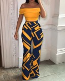 Women off shoulder Solid Top And Print Pant Two Piece Set