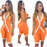 Women sexy contrast v-neck Halter Neck Top and Shorts two-piece set