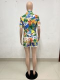 Women casual print wave lace short-sleeved shirt and shorts two-piece set