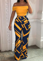 Women off shoulder Solid Top And Print Pant Two Piece Set