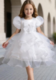 Girls' bow puff sleeve princess dress Cascading Ruffles Dress