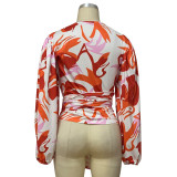 Women Spring Print V Neck Ruffle Long Sleeve Shirt