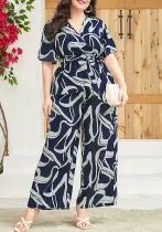 Summer Women's Print Casual Loose Top Wide Leg Pants Fashion Plus Size Two-Piece Set