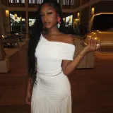 Women's Solid Color Sexy Off Shoulder Slim Top Pleated Skirt Trendy Two Piece Set