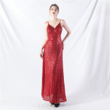 Elegant Strap V-Neck Sequined Evening Dress
