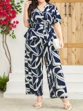 Summer Women's Print Casual Loose Top Wide Leg Pants Fashion Plus Size Two-Piece Set