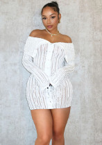 Women Sexy One-Piece Turndown Collar Tight Fitting Wave Pattern Long Sleeve Dress