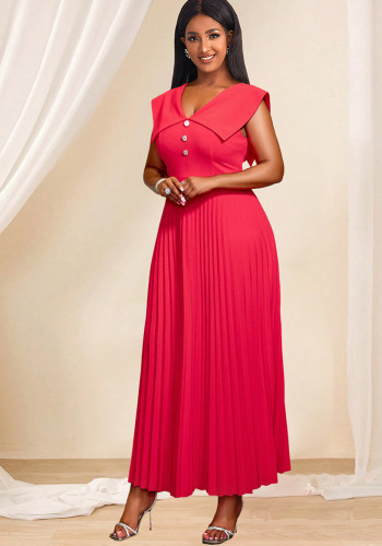 Spring Summer Chic Turndown Collar V-Neck Red Pleated Elegant Dress