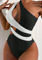 Contrast Color Slash Shoulder Hollow One-Piece Women's Swimsuit