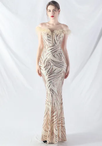Fishbone Slim Waist Off Shoulder Feather Sequined Evening Dress
