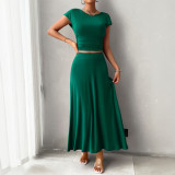 Spring Summer Short-Sleeved Women's Chic Solid Color Two Piece Skirt Set