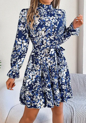 Autumn Winter Elegant Stand Collar Flower Slim Waist Long Sleeve Ruffle Women's A-Line Dress