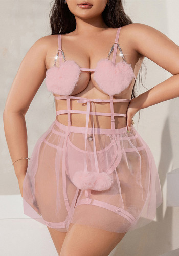 Plus Size Lingerie Lace-Up Mesh Heart Pompom Sexy See Through Night Dress