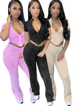 Women's Clothing Ribbed  V-Hem Short Sleeve Top Bell Bottom Pants Two Piece Set