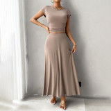 Spring Summer Short-Sleeved Women's Chic Solid Color Two Piece Skirt Set