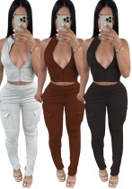 Women's Casual Sports Tight Fitting Zipper Top Butt Lift Pants Two Piece Set