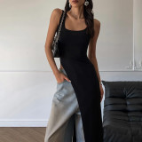 Women's Summer Fashion Style Slim Wide Strap U Neck Slit Long Dress