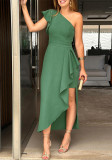 Women One-shoulder Small Flying Sleeve Irregular Lotus Leaf Slit Dress