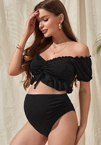 Women summer pregnant women loose belly-covering bikini solid off-shoulder short sleeve Strapless Swimwear Two Pieces