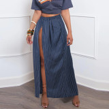 Fashionable Sexy Striped Elastic Waist Slit Long Skirt