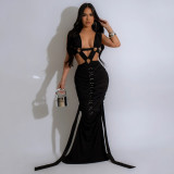 Sexy Sleeveless Hollow Solid Color Strap Women Long Evening Dress