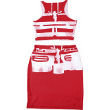 Summer Street Trendy Printing Sleeveless Crop Slim Bodycon Skirt Two Piece Set