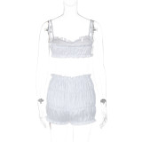 Women's Summer Fashion Sexy Strap Crop Top Pleated Shorts Two Piece Set