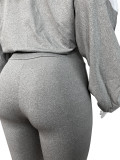 Women's Elastic Slim Waist Contrast Long Sleeve Sports Casual Two Piece Shorts Set