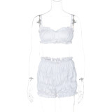 Women's Summer Fashion Sexy Strap Crop Top Pleated Shorts Two Piece Set