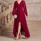 Women Solid V-neck irregular hem long-sleeved dress