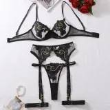 Women sexy See-Through floral embroidery Sexy Lingerie four-piece set