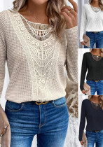 Women Autumn Solid Lace Patchwork Round Neck Long Sleeve T-shirt