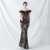 Fishbone Slim Waist Off Shoulder Feather Sequined Evening Dress