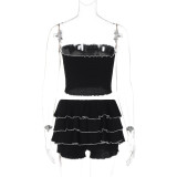 Women's Summer Fashion Sexy Strapless Top Pleated Cake Short Two Piece Set