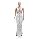 Sexy Sleeveless Hollow Solid Color Strap Women Long Evening Dress